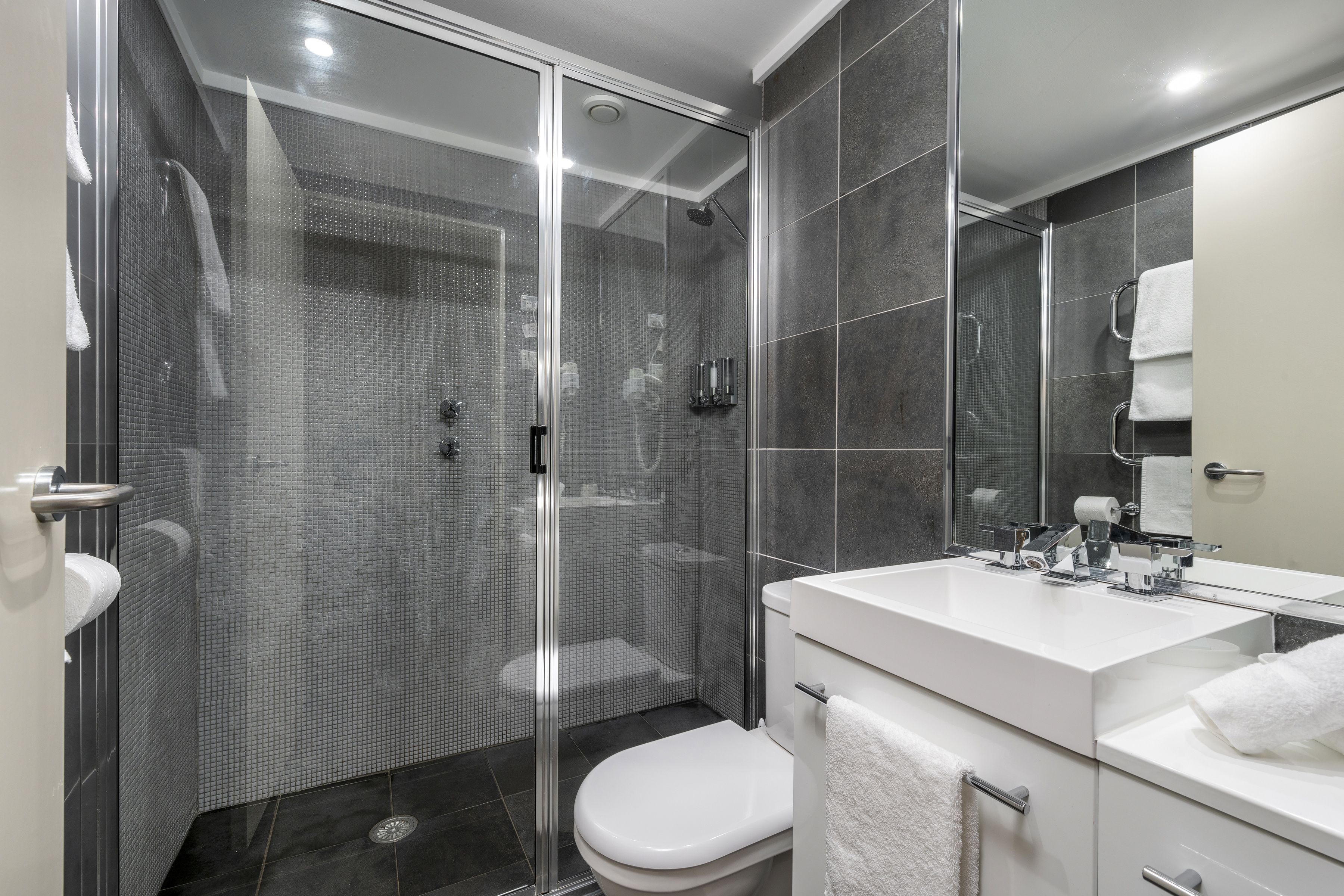 A modern bathroom with a glass-enclosed shower, a white toilet, and a large mirror above the sink.