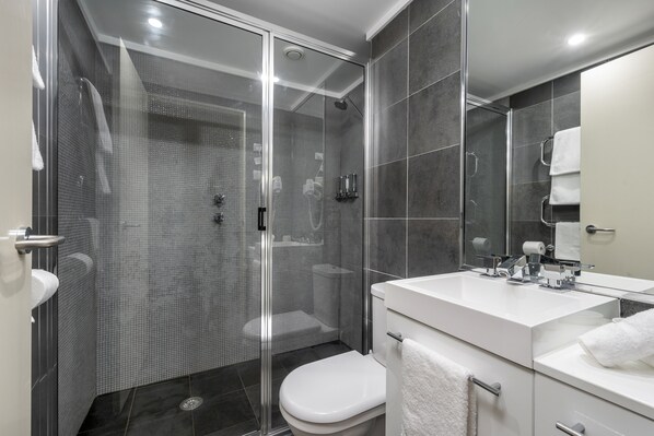 A modern bathroom with a glass-enclosed shower, a white toilet, and a large mirror above the sink. - Pure Chalet (Thredbo)