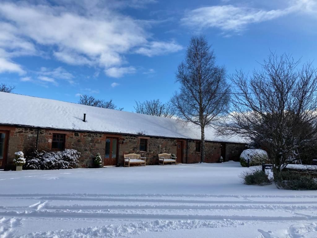 A snow-covered building with a brick exterior, a wooden bench in front, and a clear sky.