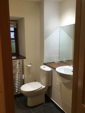 A compact bathroom with a toilet, sink, and mirror.