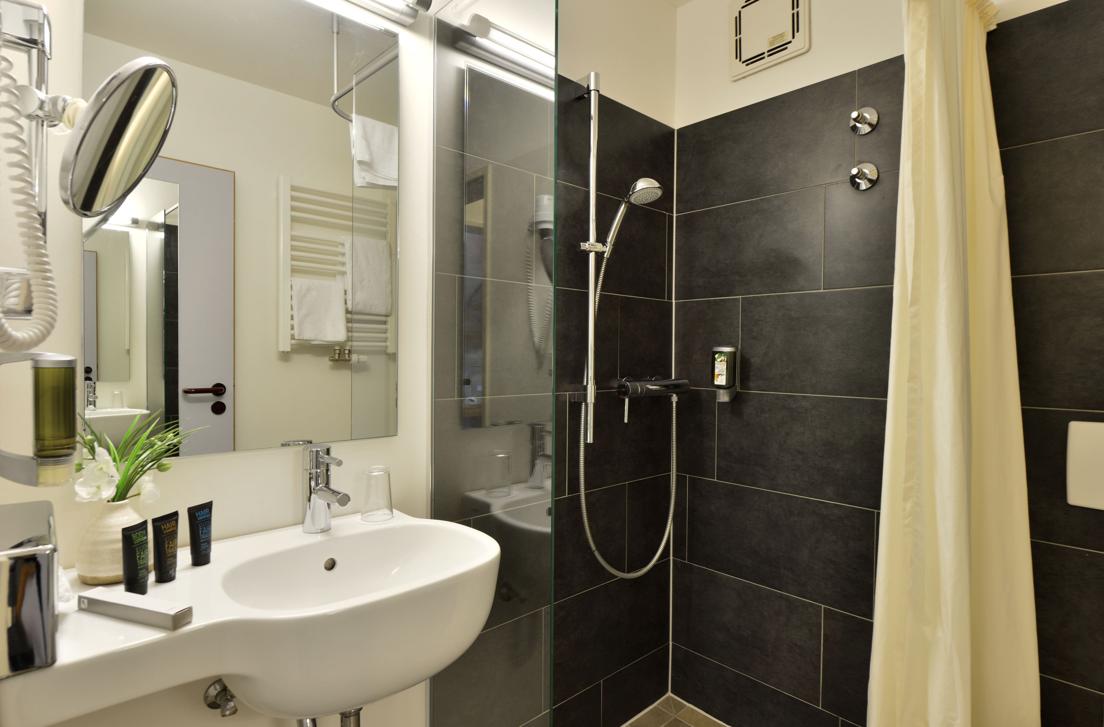 basic single room, 1 queen bed, non smoking | bathroom | hair dryer, towels