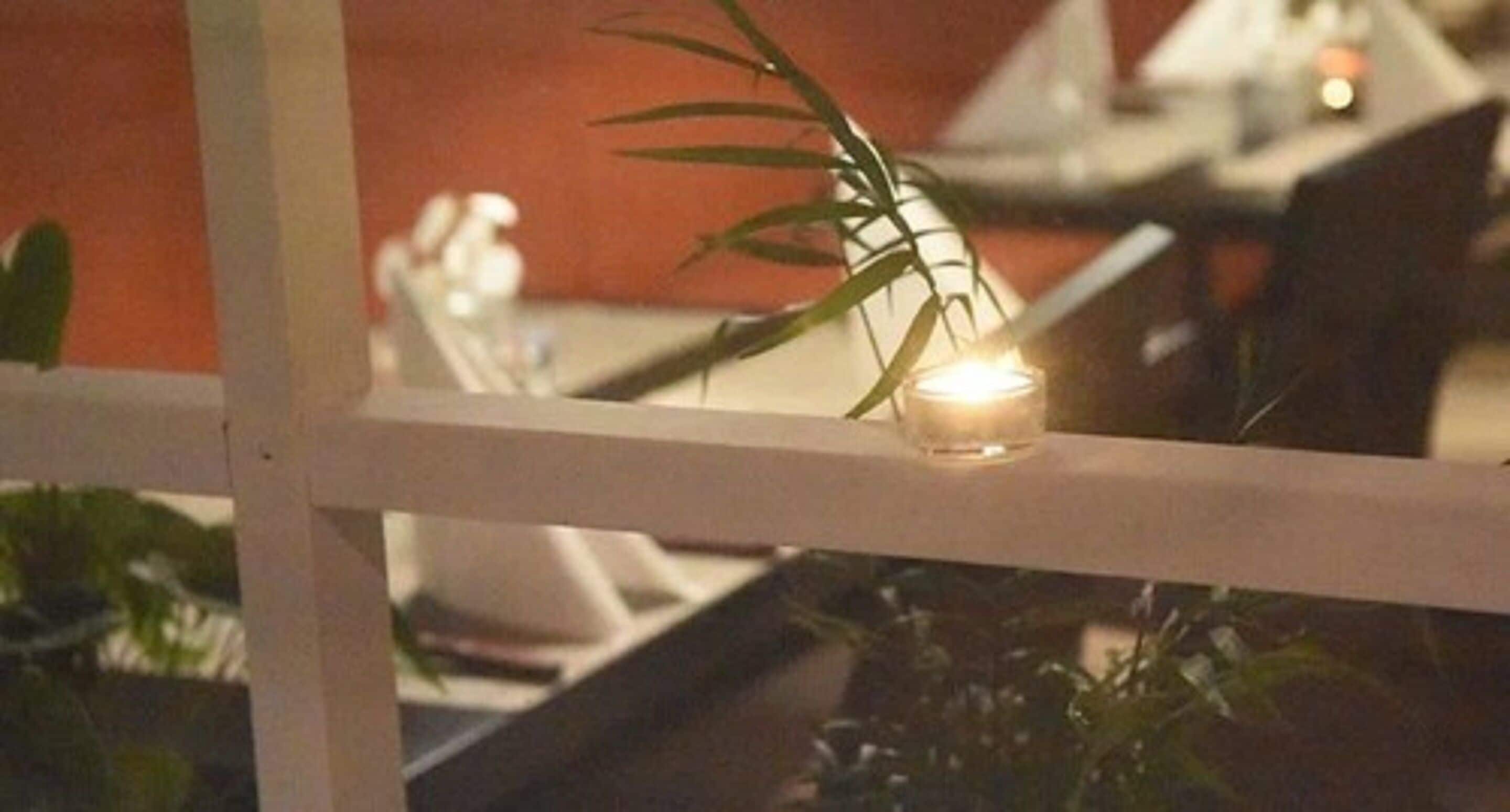 Una vela sobre una barandilla blanca, con una planta a su lado.