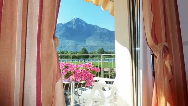 A balcony with a view of a mountain, pink flowers, and a striped awning. - Hotel Europa (Sorico)