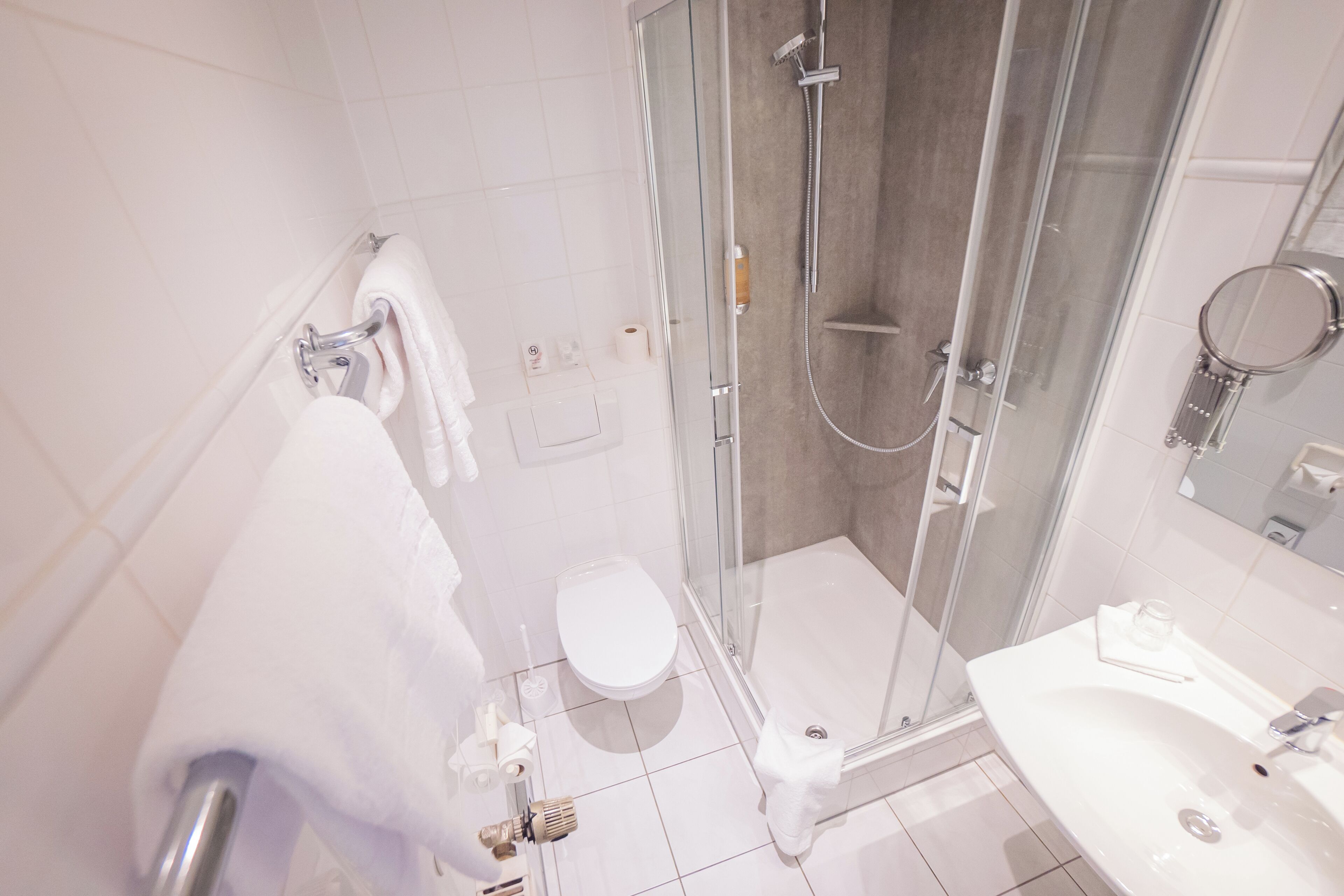 Un baño moderno con ducha envuelta en vidrio, un inodoro blanco y un lavamanos con espejo.