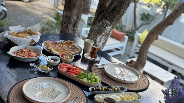 A table set with various dishes, including bread, vegetables, and a glass of drink, under a tree. - Paydos Pansiyon (Kas)