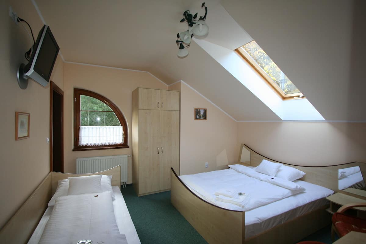 Ein Schlafzimmer mit zwei Betten, einem Fenster, einem Kleiderschrank und einem Fernseher.