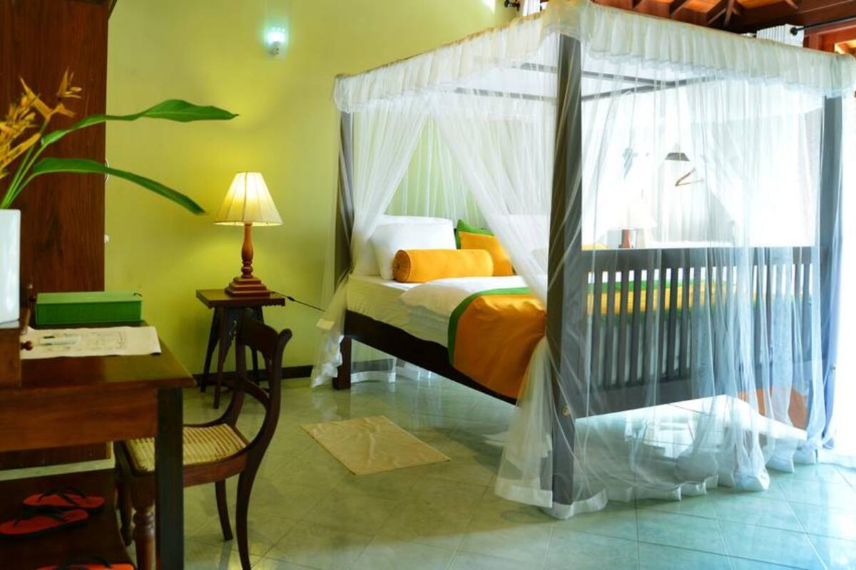 A room with a bed under a canopy, a desk with a lamp, a chair, and a plant.