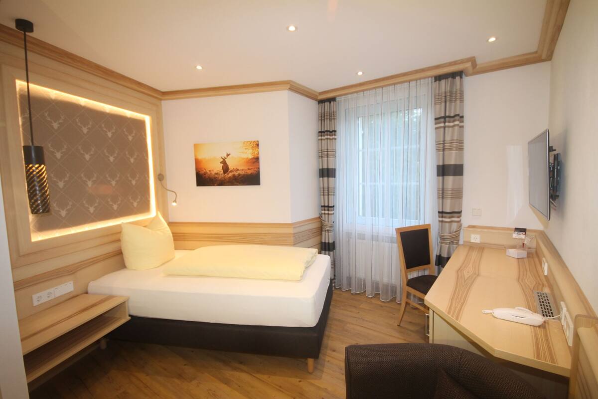 Una habitación de hotel con una cama, un escritorio, una silla, un televisor y un cuadro en la pared.