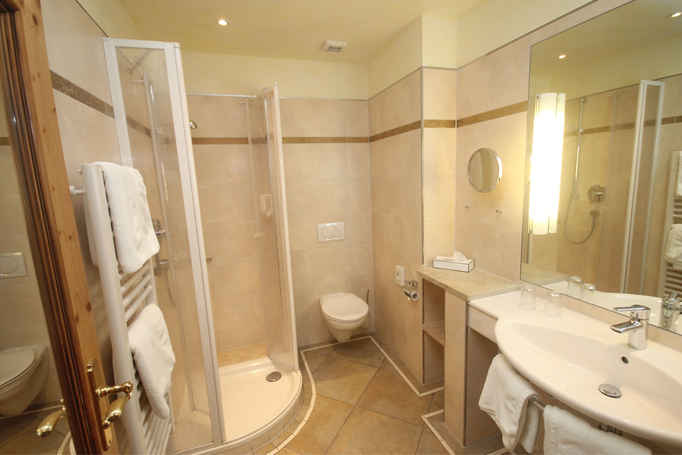 A bathroom with a glass-enclosed shower, a toilet, and a sink with a mirror.