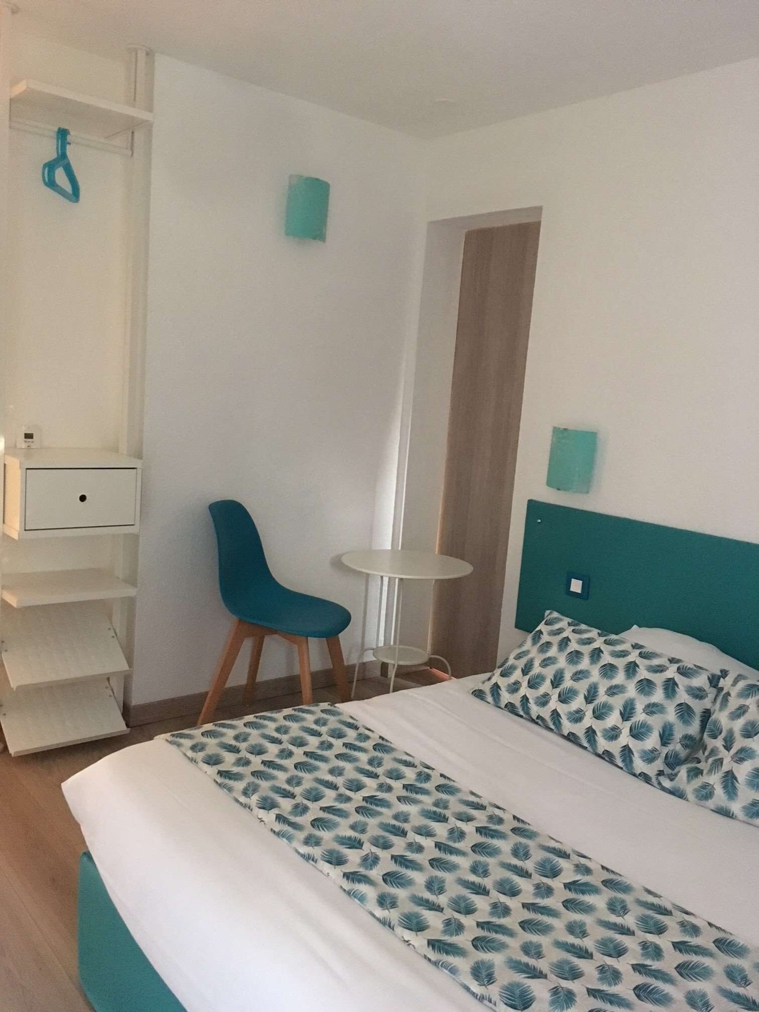 premium bedding, desk, laptop workspace, blackout curtains