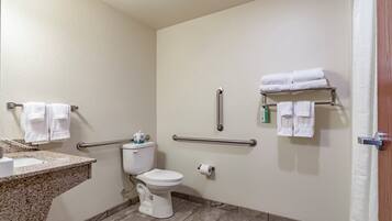 A bathroom with a toilet, grab bars, a sink, and towel racks.