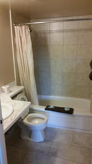 Single Room, 1 Queen Bed, Kitchenette | Bathroom | Combined shower/bathtub, free toiletries