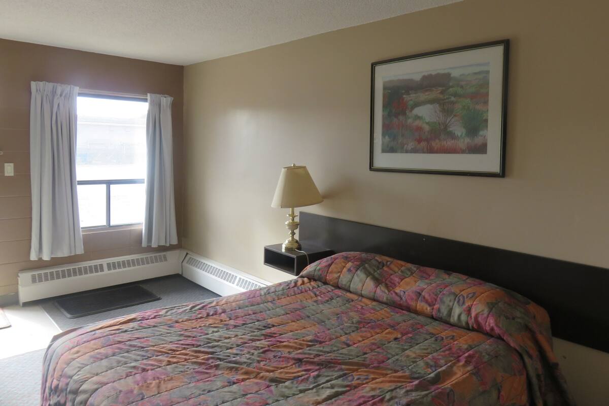 A hotel room with a bed, a nightstand with a lamp, a window with curtains, a radiator, and a framed picture on the wall.