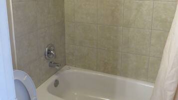 A bathroom with a bathtub, toilet, and shower.