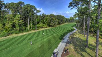 Golfers can enjoy a serene round amidst tall trees on this well-maintained course.