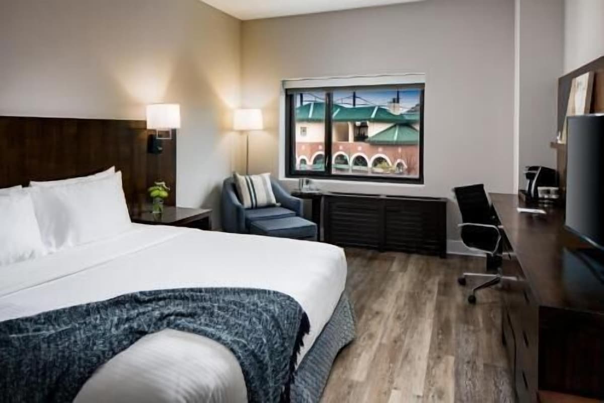 A hotel room with a bed, a desk with a chair, a television, and a window with a view of buildings.