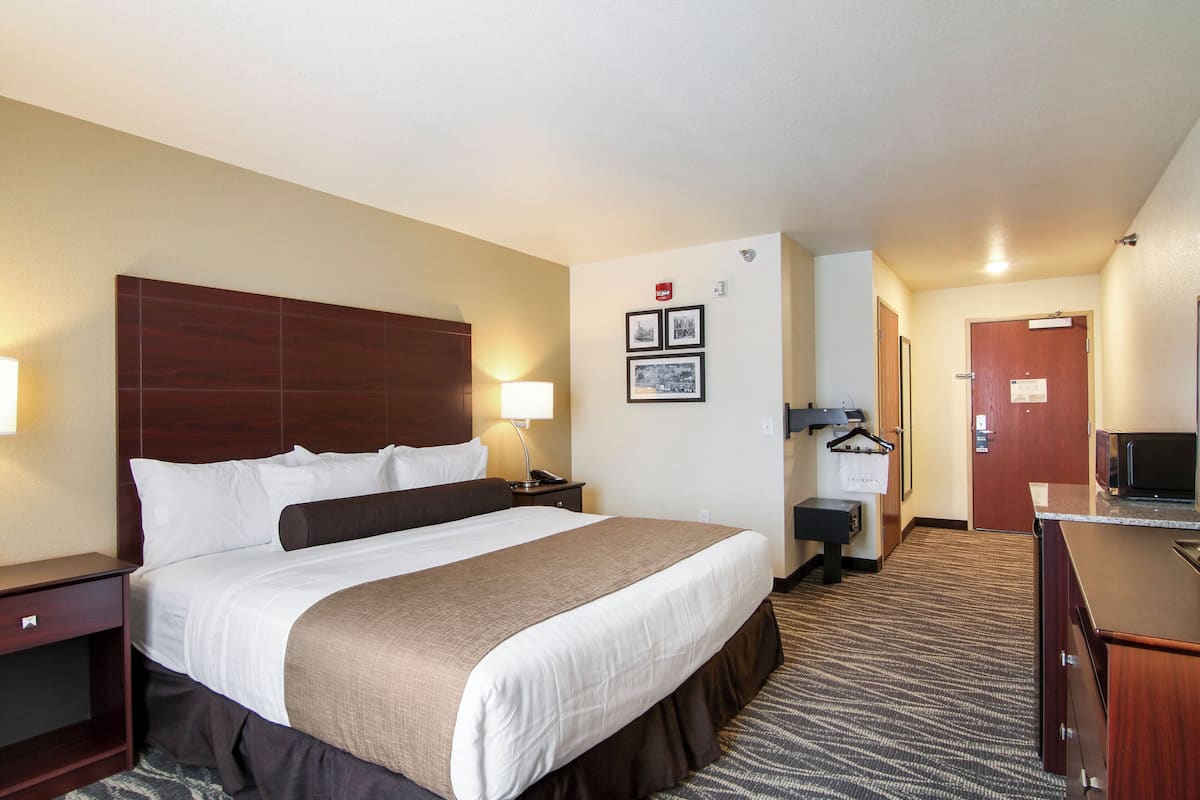 A hotel room with a large bed, a desk with a lamp, a television, and a coat rack.