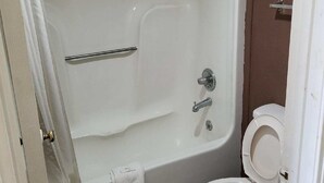 Une salle de bain avec une baignoire, des toilettes et un rideau de douche.