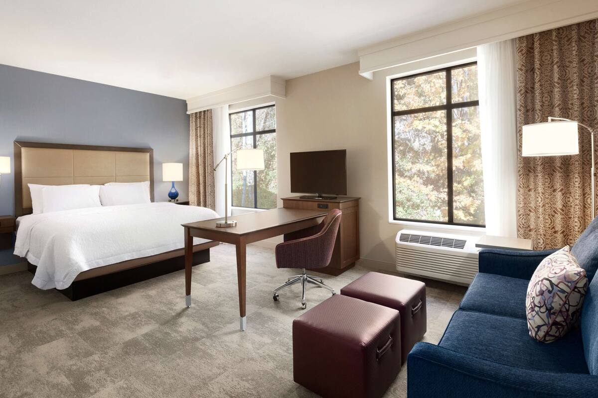A hotel room with a bed, desk, chair, couch, and large windows.