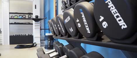 A row of dumbbells labeled 'PRELOR' on a rack in a gym.