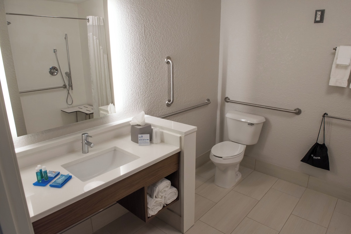 A hotel bathroom with a sink, mirror, toilet, and handrails.