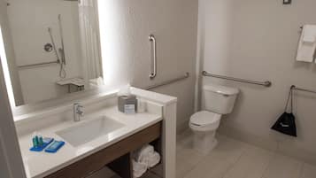 Ein Badezimmer im Hotel mit Waschbecken, Spiegel, Toilette und Handläufen.