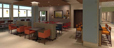 Un intérieur de restaurant moderne, caractérisé par de hauts plafonds, des poutres en bois et un agencement varié des sièges, comprenant des tables et des banquettes.
