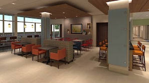 Interior moderno de restaurante con techos altos, vigas de madera y una variedad de arreglos de asientos, incluyendo mesas y cabinas.