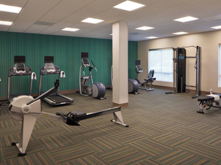 Un gimnasio con cintas de correr, elípticas y máquinas de pesas.