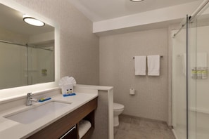 A modern bathroom with a large mirror, a sink, a toilet, and a glass shower enclosure.