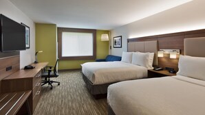 A hotel room with two beds, a desk with a chair, a TV, and a window with blinds. - Holiday Inn Express & Suites Portland Airport - Cascade Stn by IHG (Portland)