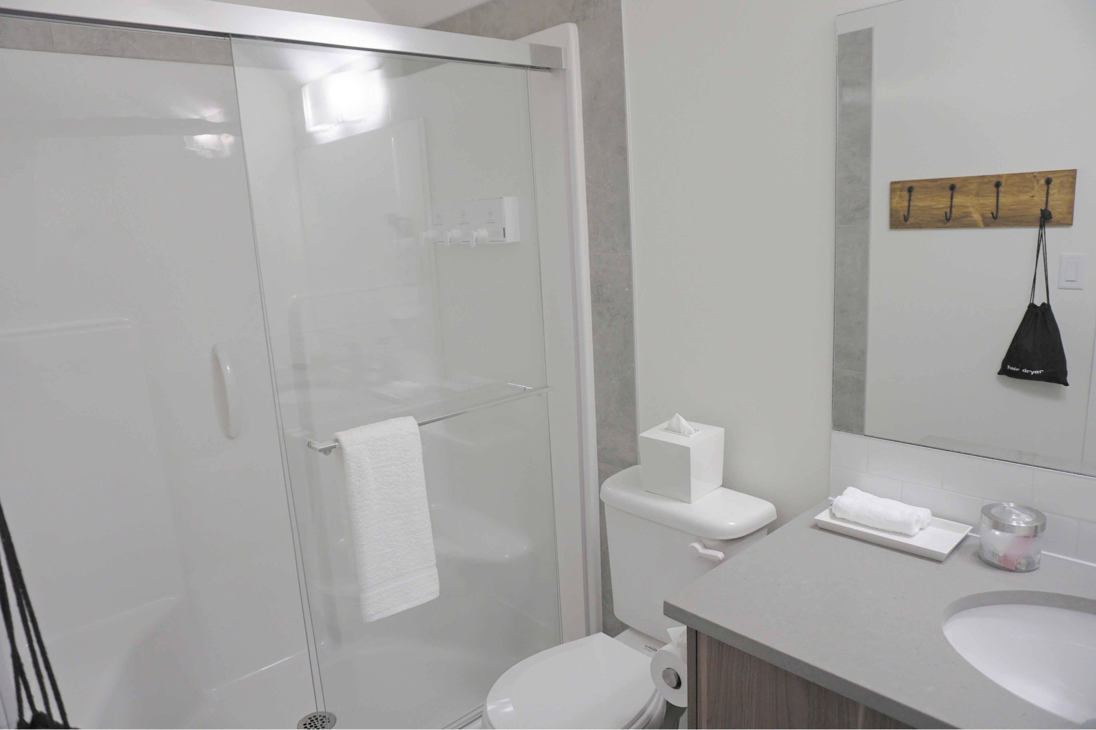 A modern bathroom with a glass-enclosed shower, a toilet, a sink, and a mirror.