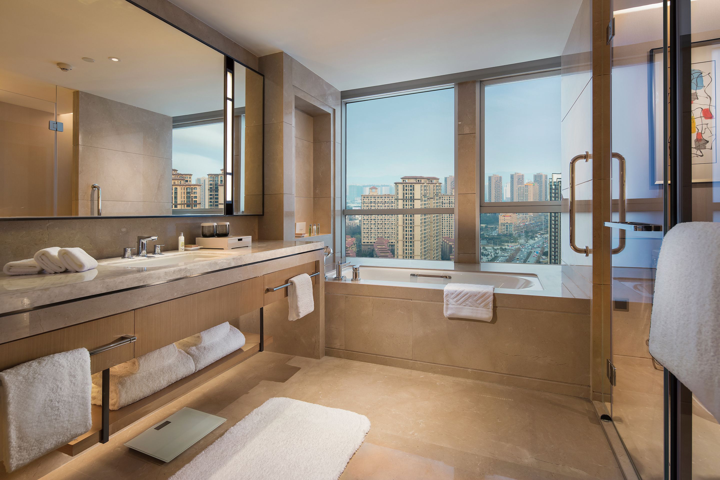 separate bathtub and shower, free toiletries, hair dryer, bathrobes