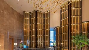 Un área de recepción de diseño moderno, con mostrador de recepción, paneles de luz verticales y una planta grande en maceta.