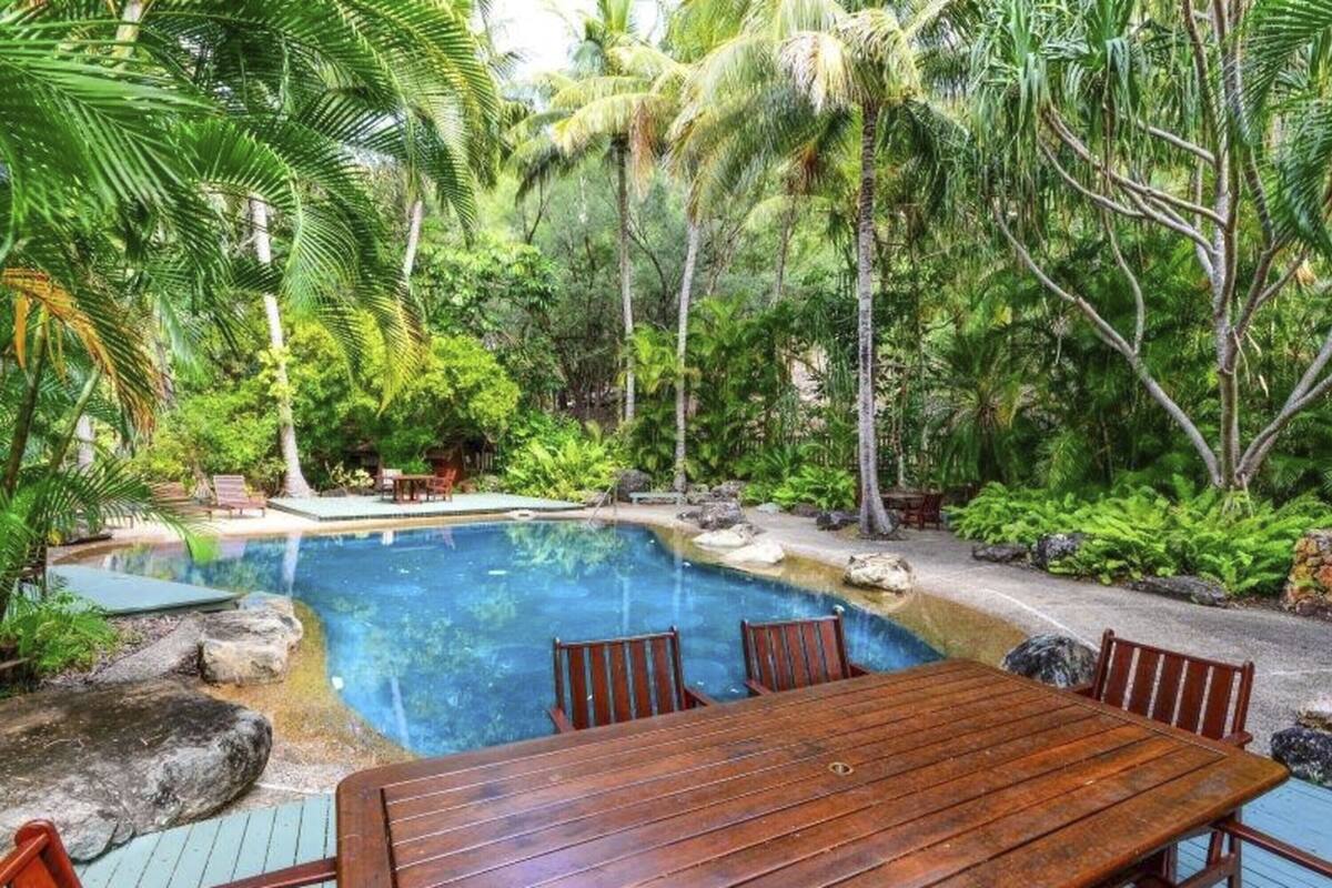 Une piscine entourée d’une végétation luxuriante et agrémentée de mobilier en bois.