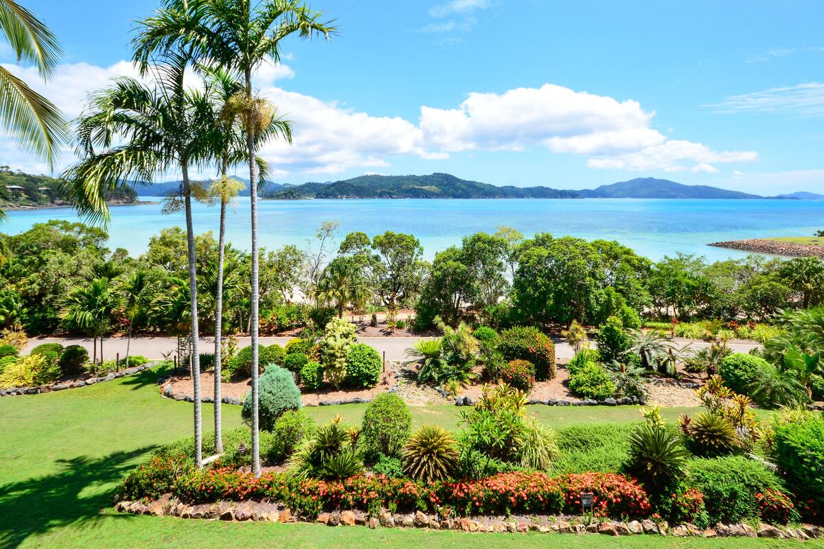 Un jardin tropical agrémenté de palmiers, d’une variété d’arbustes et offrant une vue sur une mer calme et des montagnes lointaines.