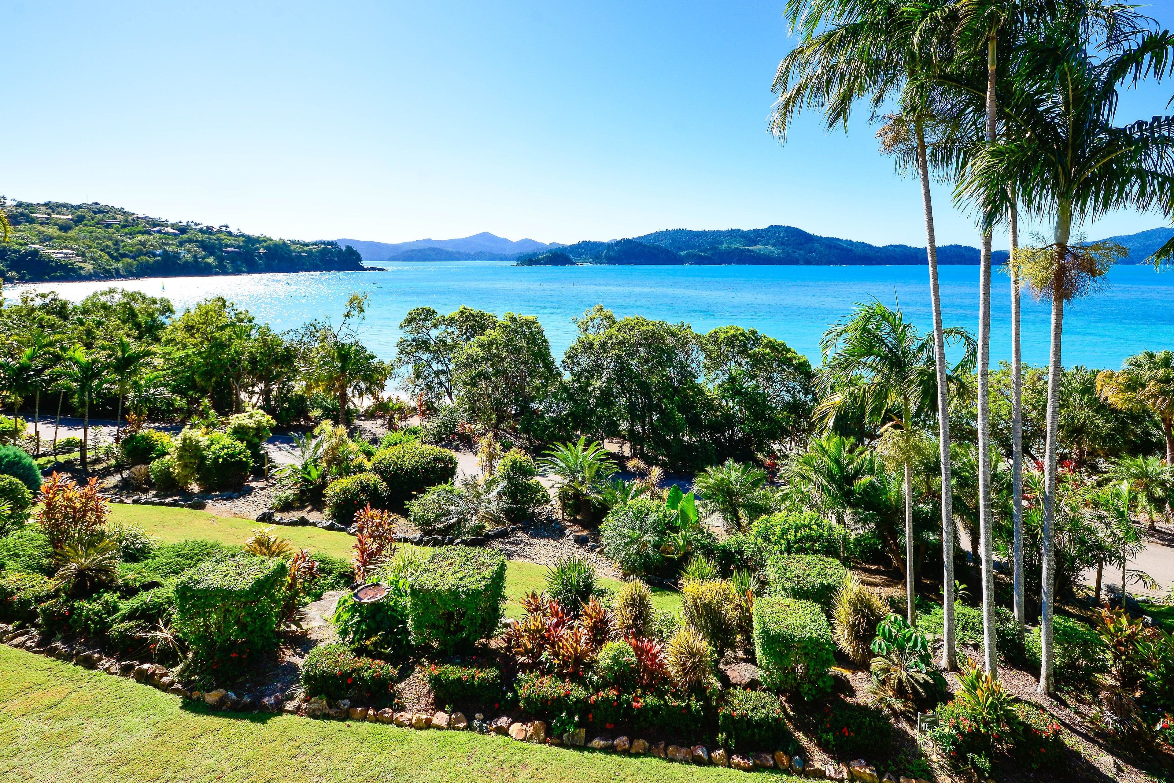 A landscaped garden with various plants and trees, a clear blue sky, and a distant view of a coastline.