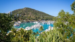 Un port de plaisance où sont amarrés des bateaux, entouré de verdure et de collines.