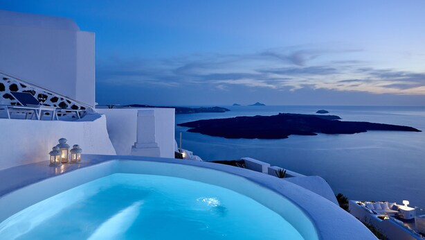 A poolside view with a clear view of the sea and islands. - Nautilus (Santorini)