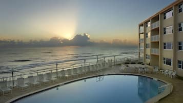 Outdoor pool, a heated pool, pool loungers