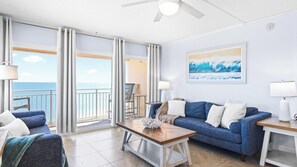 Deluxe Penthouse Apartment with Rooftop Hot Tub - Oceanfront - Unit 442 | Living area | 50-inch flat-screen TV with cable channels, TV