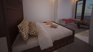 Een moderne slaapkamer met een groot bed, een trap, een zithoek met een bank en uitzicht op de lucht door grote ramen.