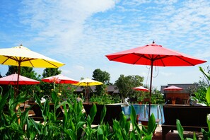 Outdoor pool, pool umbrellas, pool loungers