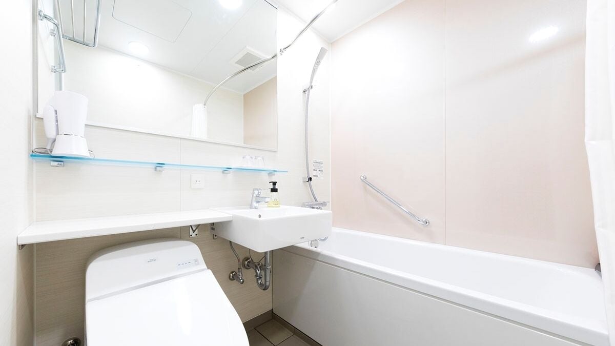 combined shower/bathtub, free toiletries, hair dryer, slippers