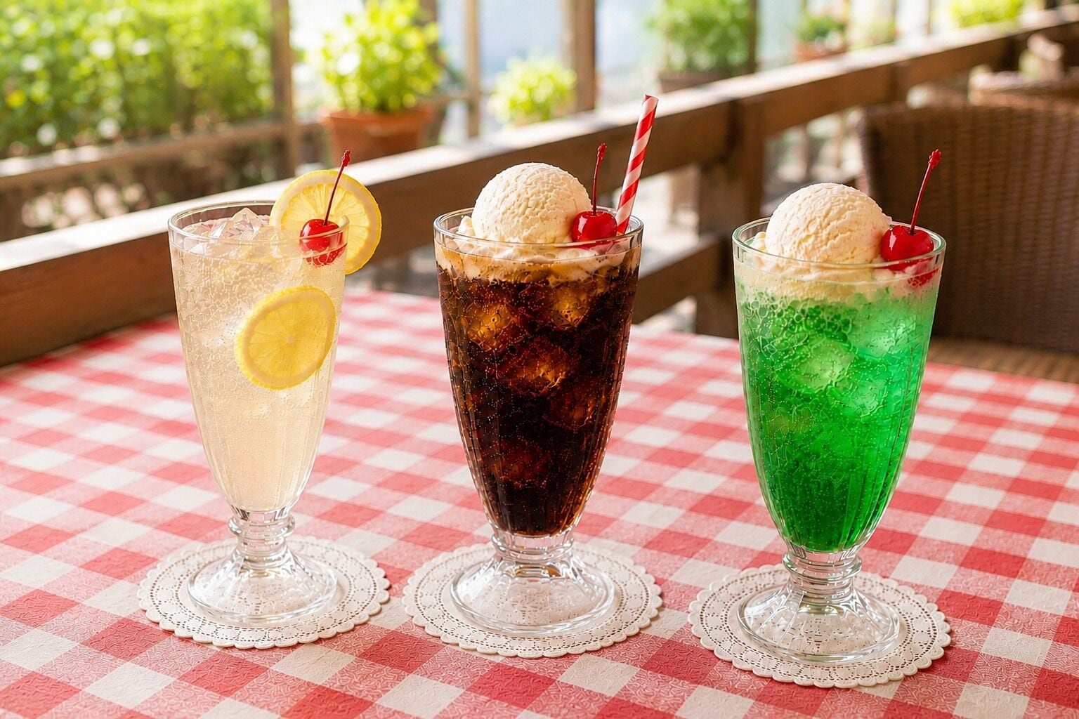 Three drinks on a checkered tablecloth with lace doilies.