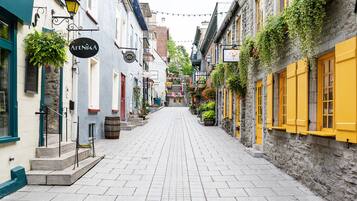A narrow cobblestone street lined with historic buildings, some with yellow shutters and hanging plants.