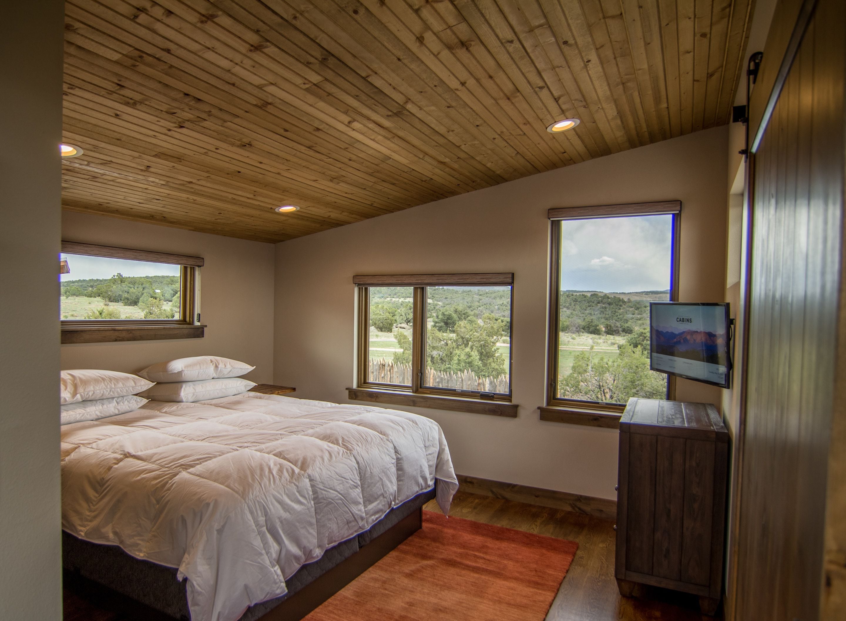 A bedroom with a wooden ceiling, a bed with white bedding, two windows with views of greenery, and a television on the wall.