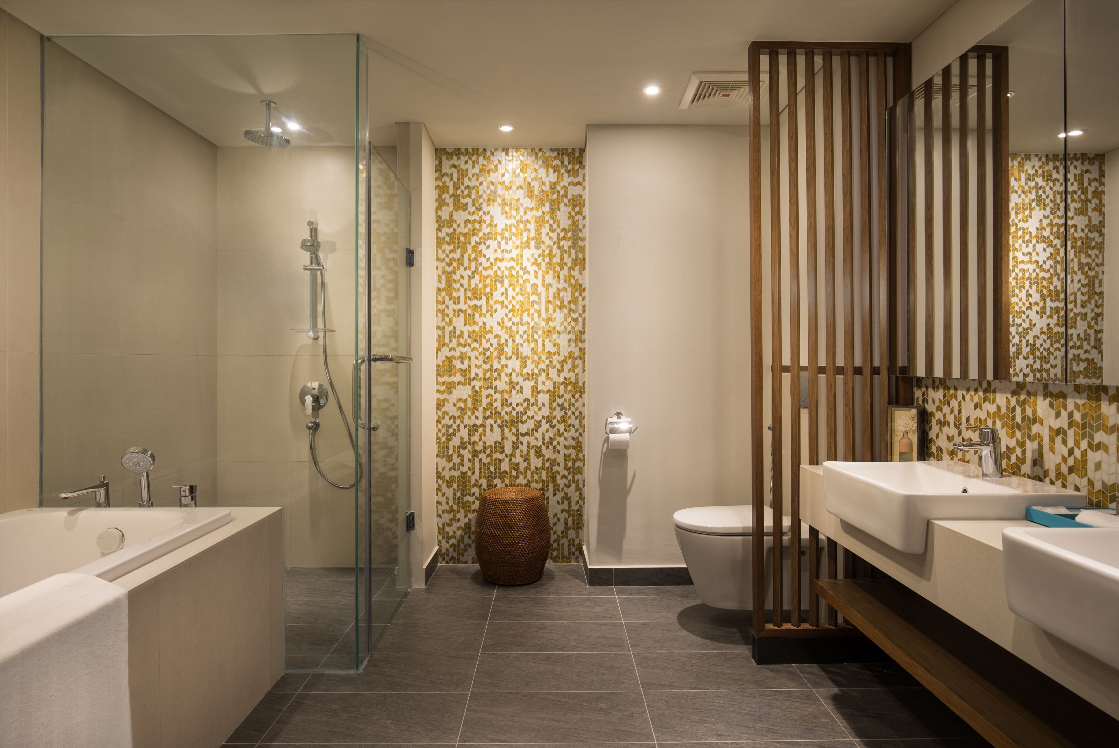 Bathroom | Designer toiletries, hair dryer, bathrobes, slippers