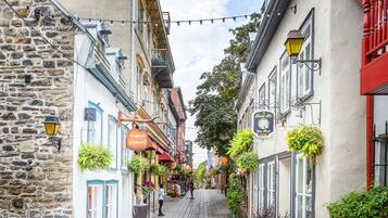 A narrow street lined with buildings, some with balconies and hanging plants.