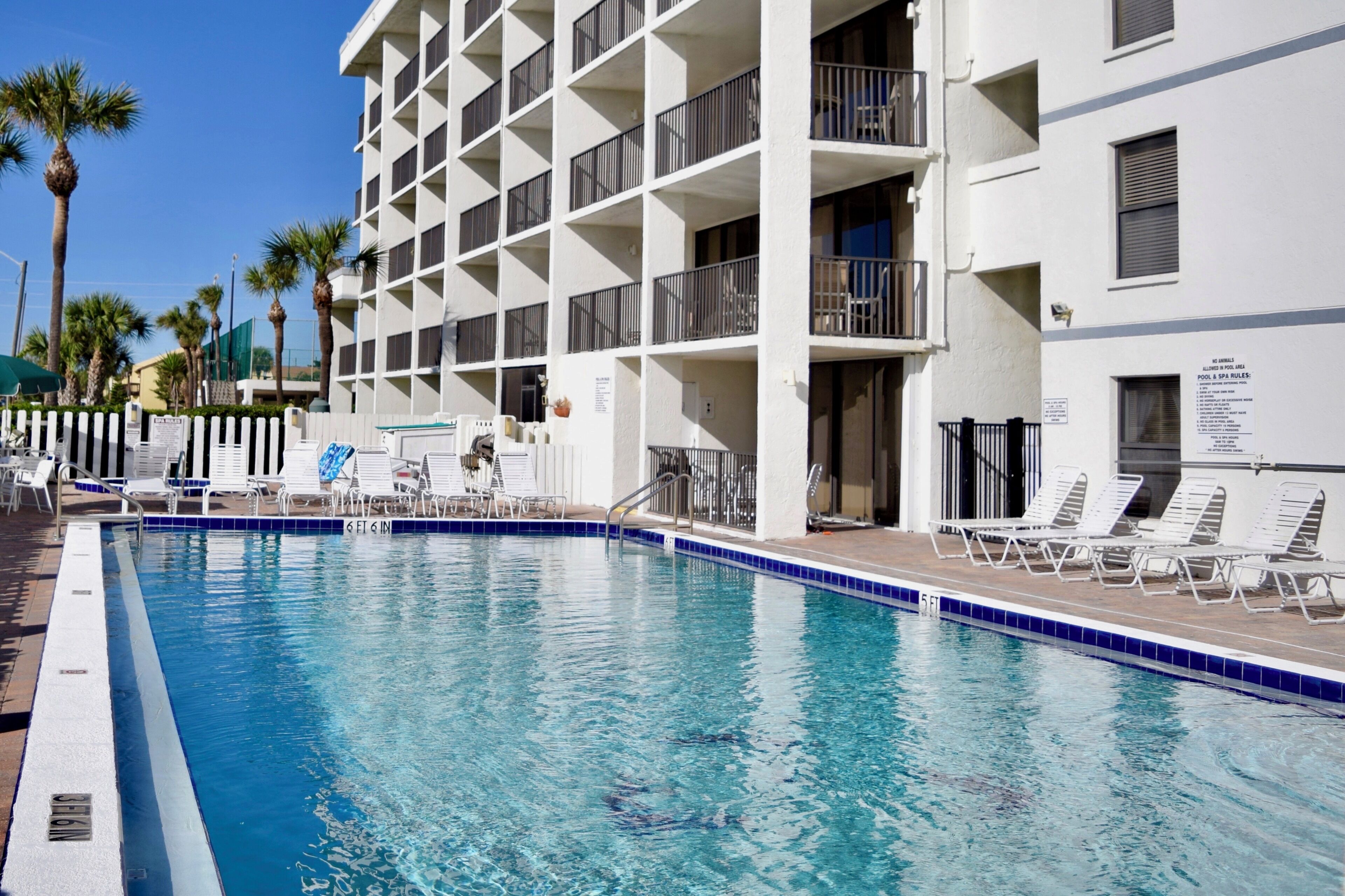 Outdoor pool, a heated pool, sun loungers